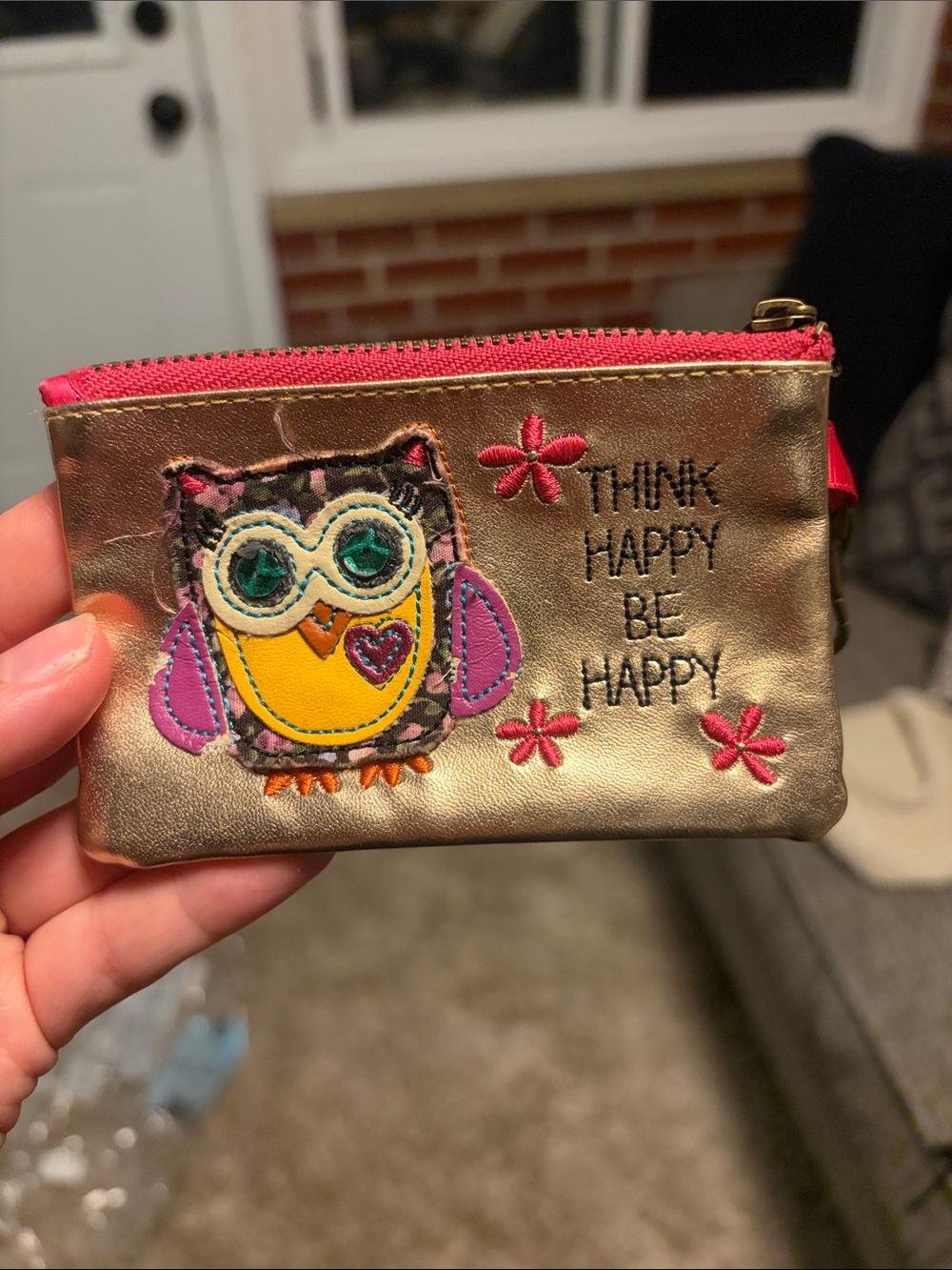 NATURAL LIFE Gold Owl Coin Pouch with Pink Trim